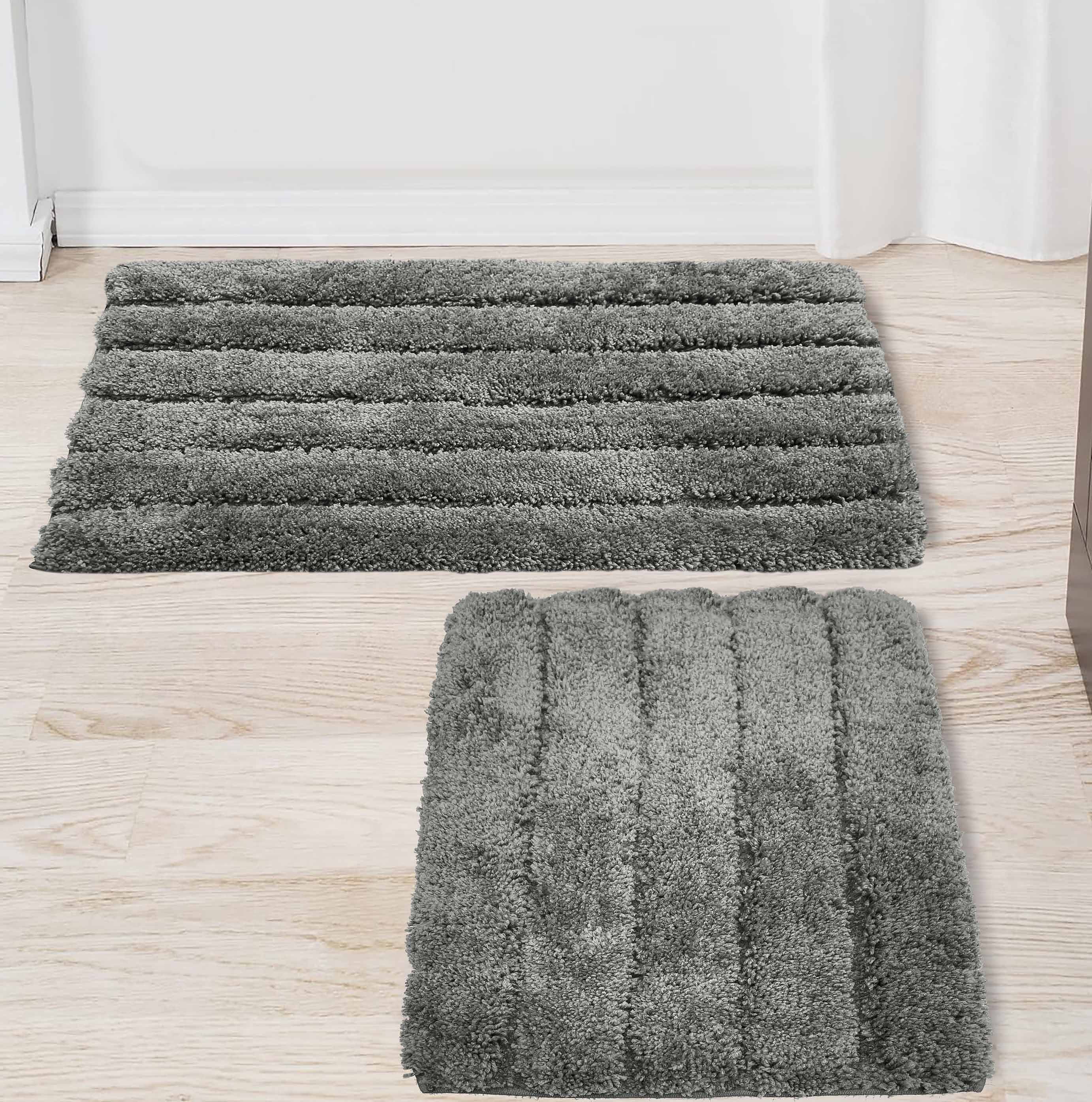Charcoal Grey 2 Piece Bath Mat Set -Solid Striped Bathroom Mat Soft Plush Thick