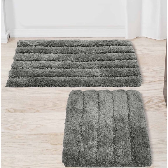 Charcoal Grey 2 Piece Bath Mat Set -Solid Striped Bathroom Mat Soft Plush Thick