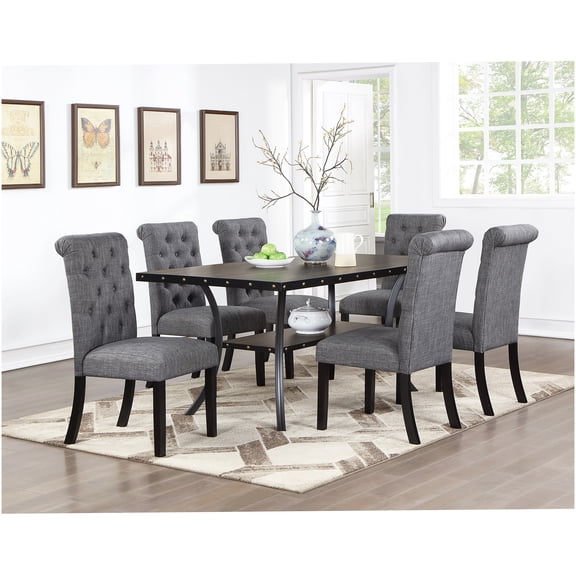 Charcoal Grey 7-Piece Dining Set with Storage, Rubber Wood Table and 6 Tufted Back Chairs