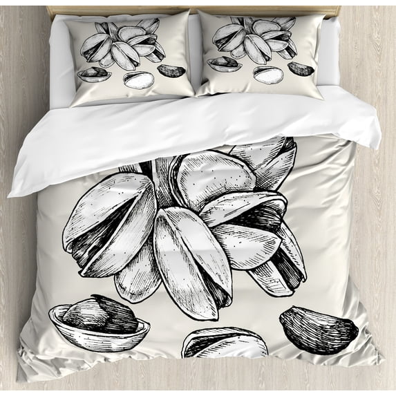 Charcoal Grey Duvet Cover Sets, Close Up Abstract and Simple Pattern of Pistachios Healthy Snacks, Bedding Set with 2 Duvet Covers & 4 Pillowcases, 2 Pack Queen Size, Eggshell, by Ambesonne