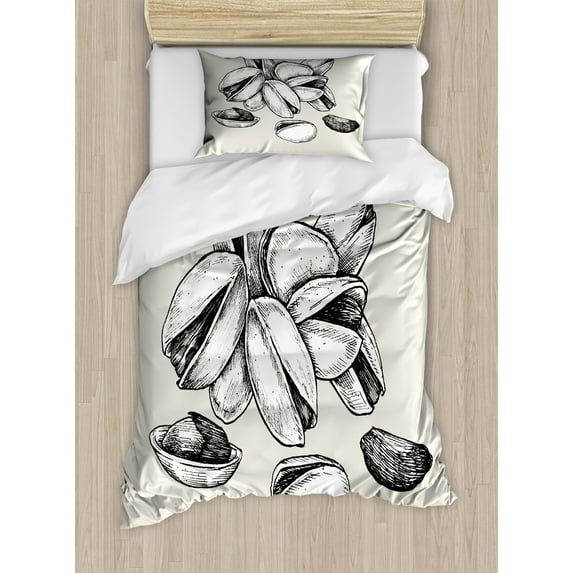 Charcoal Grey Duvet Cover Sets, Close Up Abstract and Simple Pattern of Pistachios Healthy Snacks, Bedding Set with 2 Duvet Covers & 2 Pillowcases, 2 Pack Twin Size, Eggshell, by Ambesonne