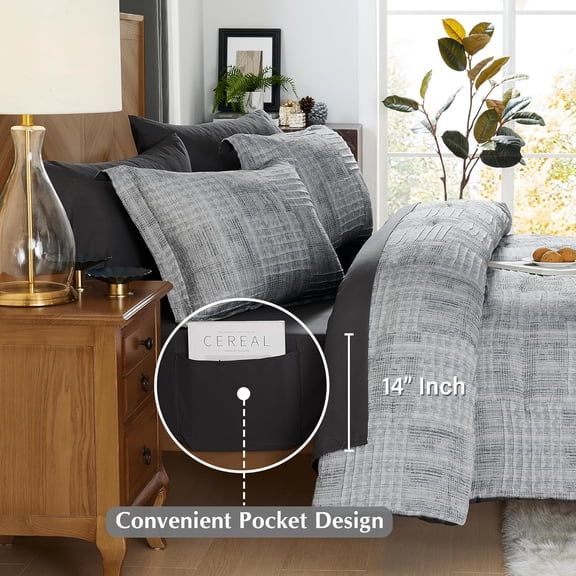 Charcoal Grey Full Comforter Set, Textured Design Grey Crinkle Bed in A Bag Full Size with 7 Pieces