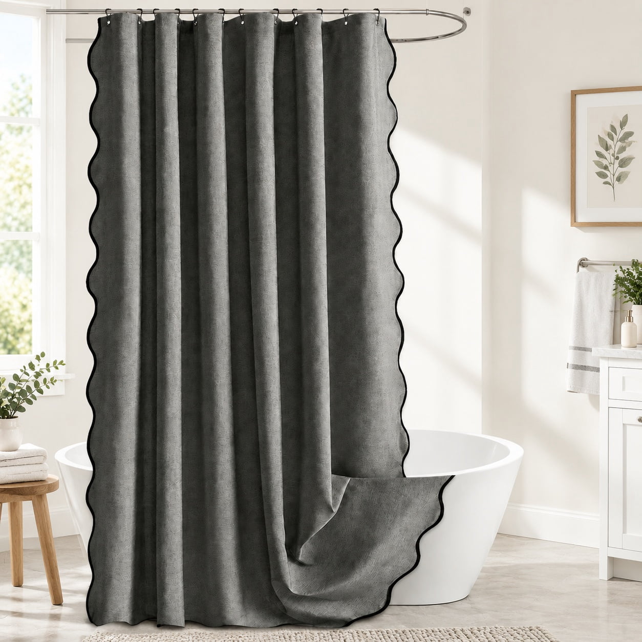 Charcoal Grey Scalloped Linen Shower Curtain 72x72 Inches | Textured