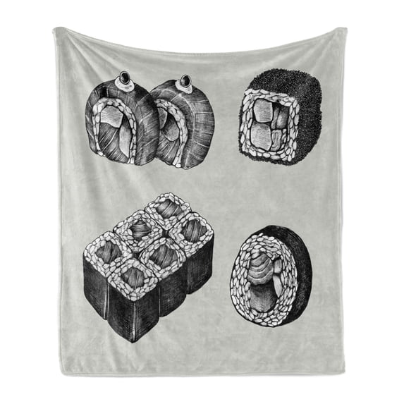 Charcoal Grey Soft Flannel Fleece Blanket, Hand Drawn Inspired Sushi Japanese Food Items California Roll Maki, Cozy Plush for Indoor and Outdoor Use, 50" x 60", White and Pale Taupe, by Ambesonne