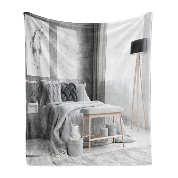 Charcoal Grey Soft Flannel Fleece Throw Blanket, Picturesque of a Modern and Simplistic Bedroom Scene Wall Artwork Lamp Bed, Cozy Plush for Indoor and Outdoor Use, 70" x 90", White, by Ambesonne