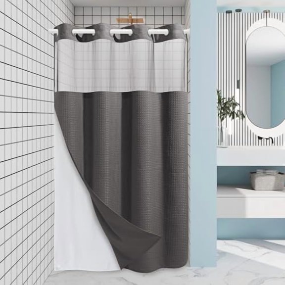Charcoal Grey Stall No Hook Shower Curtain with Snap in Liner,230GSM Waffle Weave Shower Curtains for Bathroom,54W x 80H