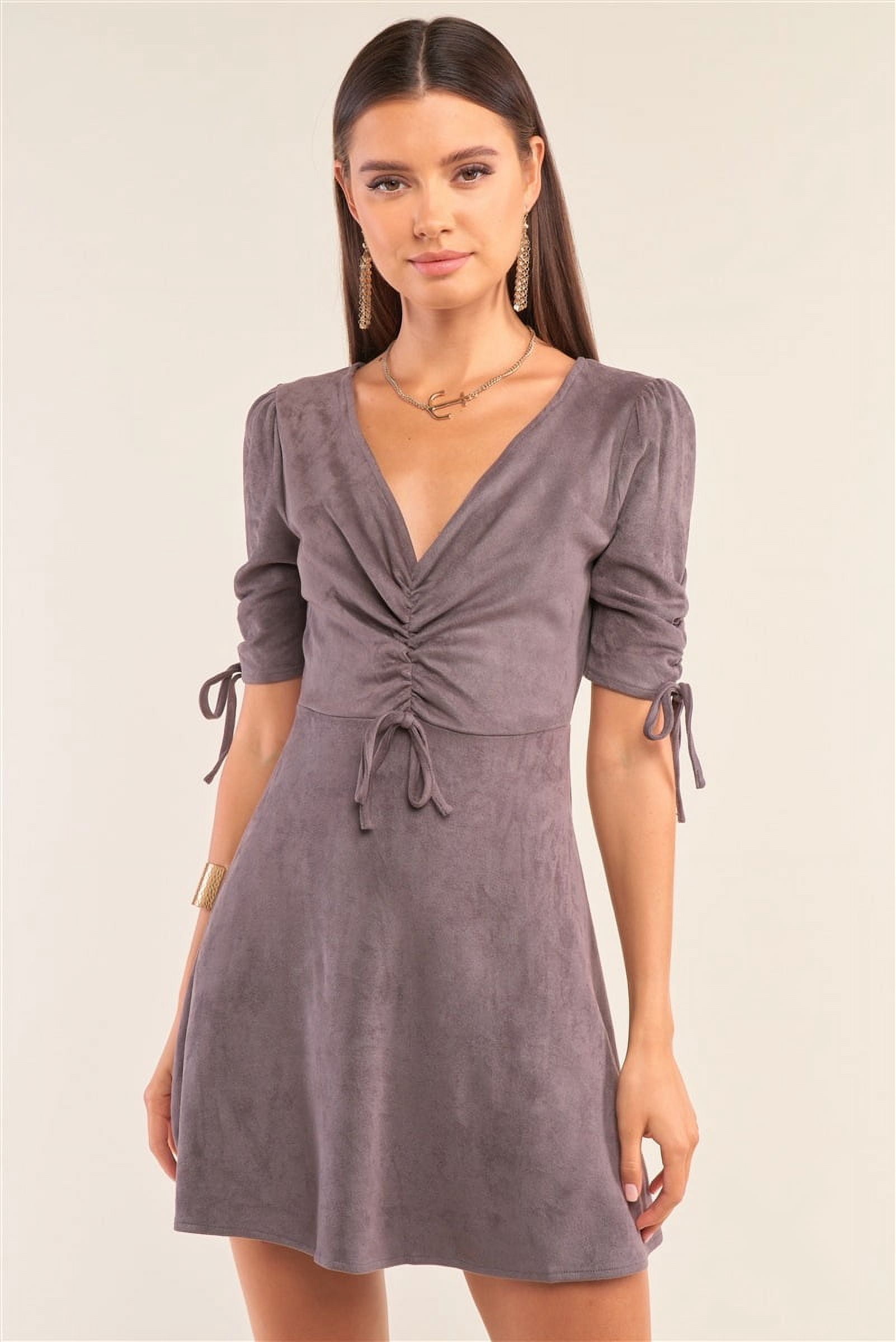 Charcoal Grey Suede Deep Plunge V-neck Gathered Detail Tight Fit Mini Dress  S - Walmart.com