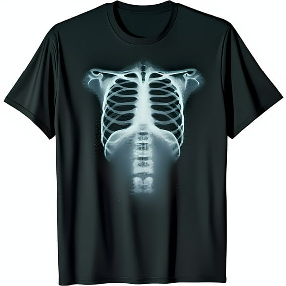 Charcoal Grey T-Shirt with Fuzzy Blue Ribcage X Ray Graphic Unique Chest Design