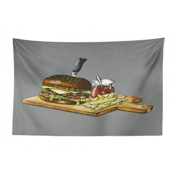 Charcoal Grey Tapestry, Sketchy Pencil Drawn Inspired Pattern of Minced Beef Pie Fries Cuisine Scene, Fabric Wall Hanging Decor for Bedroom Living Room Dorm, 2 Sizes, Grey Yellow, by Ambesonne