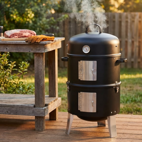 Charcoal Grill 3-in-1 Vertical Smoker Silver,Built-in Thermometer,Hanging Hooks & Detachable Fire Pit for Backyard BBQ, Camping Tailgating
