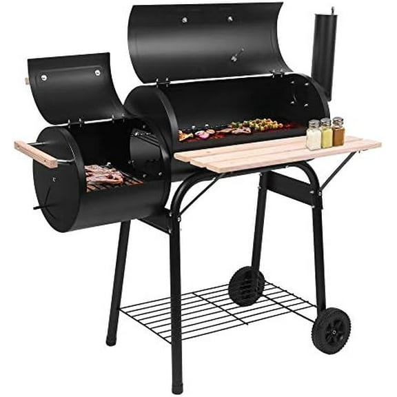 Charcoal Grill with Offset Smoker, BBQ Grill with Cart and Side Shelves, 24 Inch Outdoor Barbeque Grill for Picnic, Camping, Patio, Backyard Cooking, Black$$Garden & Patio