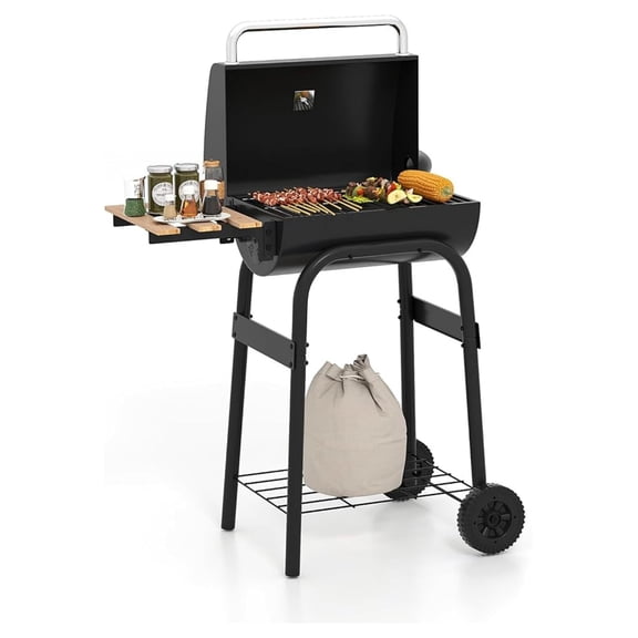 Charcoal Grill, Outdoor BBQ Smoker Grill w/Foldable Side Table, Built-in Thermometer, Storage Shelf, Adjustable , Portable Barbecue Grills w/Wheels for Camping & Picnic