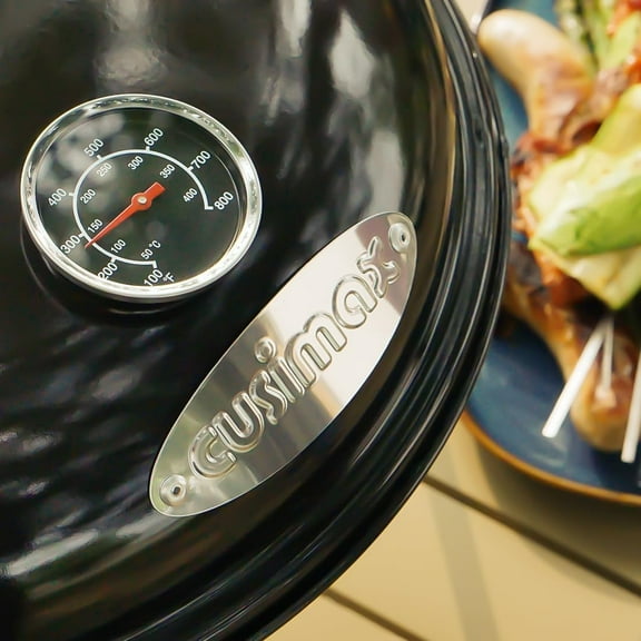 14.5'' Portable Charcoal BBQ Grill, Black - Compact Outdoor Mini Grill with Integrated Thermometer and Wooden Handle for Camping, Backyard & Travel