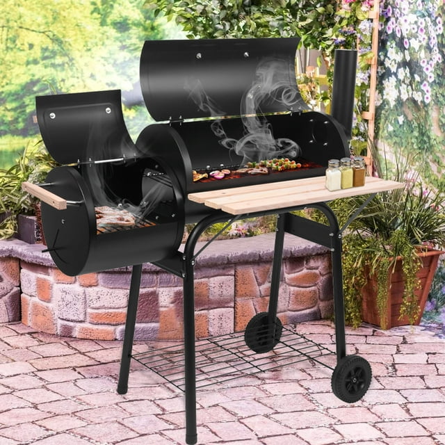 Charcoal Grill, Portable Charcoal Grill and Offset Smoker, Stainless Steel BBQ Smoker with Wood Shelf, Thermometer, Wheels, Charcoal BBQ Grill for Outdoor Picnic, Patio, Backyard, Camping, JA1170