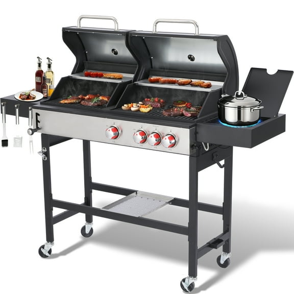Charcoal Grill and Propane Gas Grill Combo with Side Burner & Porcelain-Enameled Cast Iron Grate, Dual Fuel BBQ Grill with Easy-Clean System for Outdoor Events & Backyard Barbecue