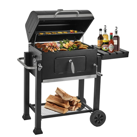 Charcoal Grill with Pull-Out Grease Tray & Wheels, Outdoor BBQ Grill with Foldable Side Table, Durable Steel Construction & Cast Iron Grate for Patio or Backyard Cooking