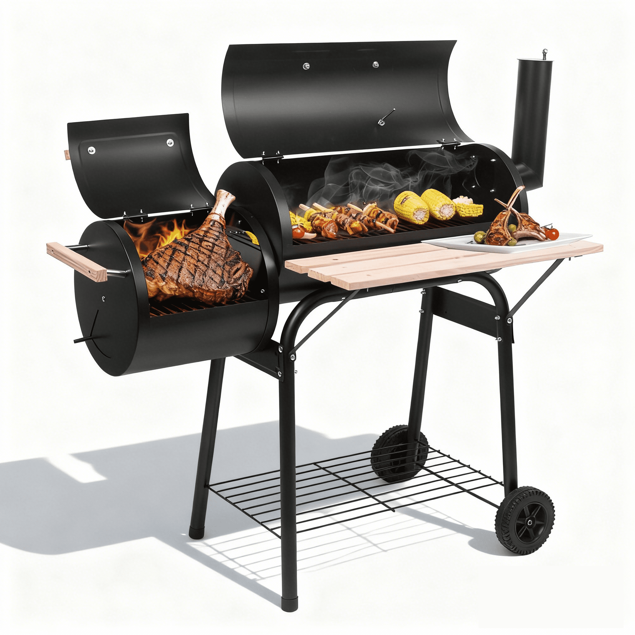ENYOPRO Charcoal Grill,Outdoor BBQ Smoker Grill,Offset Smoker & Side Fire Box,with Thermometer,Wheels & Wooden Shelf for Backyard Patio Cooking