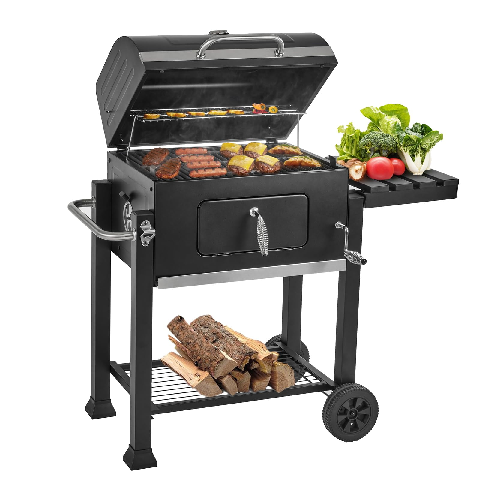 Charcoal Grill with Side Table & Adjustable Charcoal Tray, Outdoor BBQ Smoker Grill with Cast Iron Cooking Grates, Removable Ash Pan & Bottle Opener for Patio, Backyard, and Garden BBQ