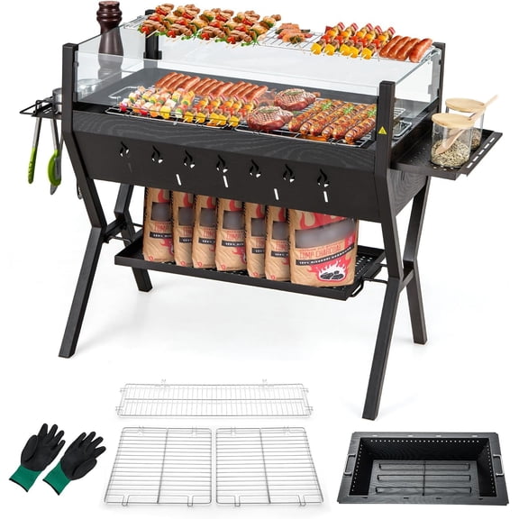 Charcoal Grill with Transparent Glass Wind Guard, Heavy Duty BBQ Grill Campfire Pit, Fire Bowl, Side Spice Racks, Bottom Storage Shelf, for Outdoor Cooking Backyard Barbecue Party