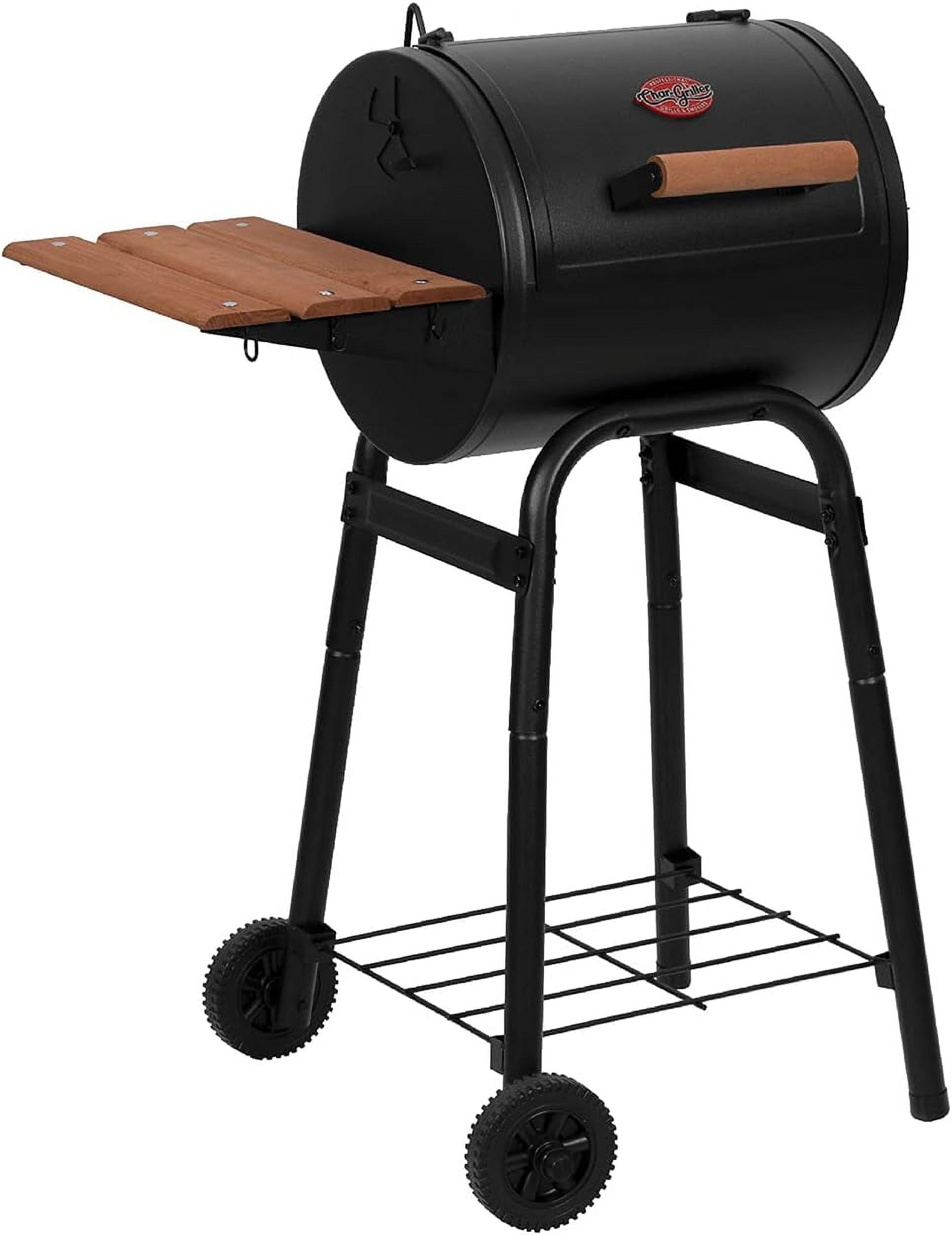 Charcoal Grill and Smoker with Cast Iron Grates, Premium Wood Shelf and