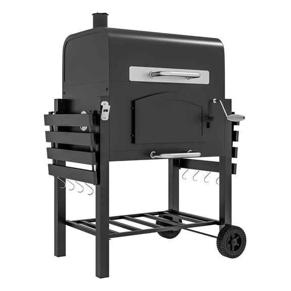 Charcoal Grill w/ Adjustable Height & Folding Shelves - 371 sq in Black BBQ Grill with Thermometer, Wheels, & Ash Catcher for Outdoor Cooking