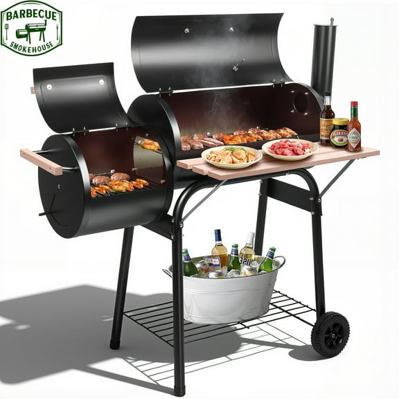 Seizeen Charcoal Grill w/Smoker, Outdoor BBQ Grill with Side Table, Portable Offset Smoker W/2-Zone Area