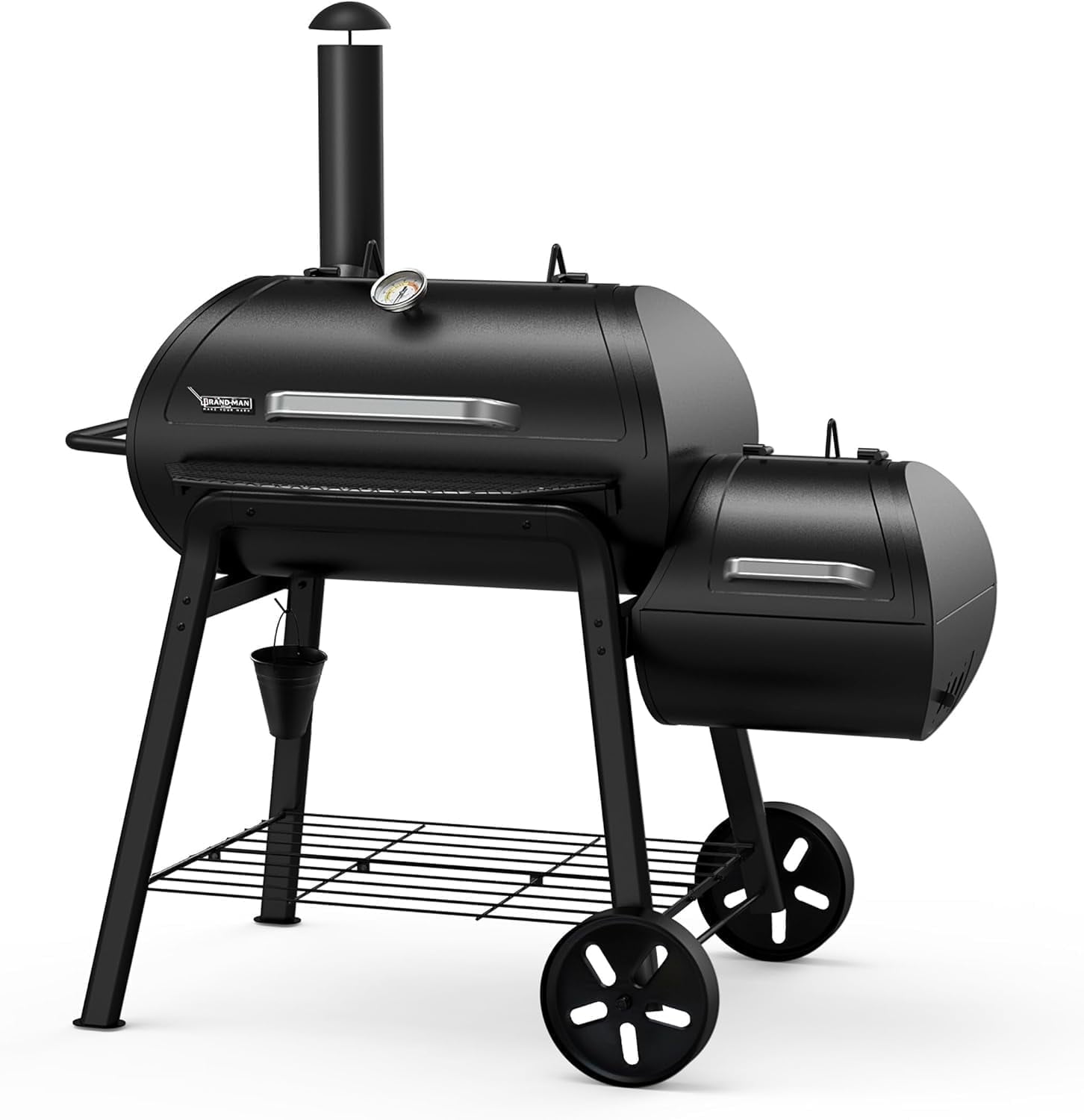 Brand-Man Offset Smoker Charcoal Grill, Heavy Duty Wood Barrel BBQ Grill Smoker Combo with Side Box