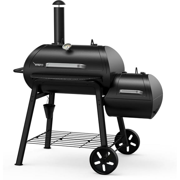 Brand-Man Offset Smoker Charcoal Grill, Heavy Duty Wood Barrel BBQ Grill Smoker Combo with Side Box