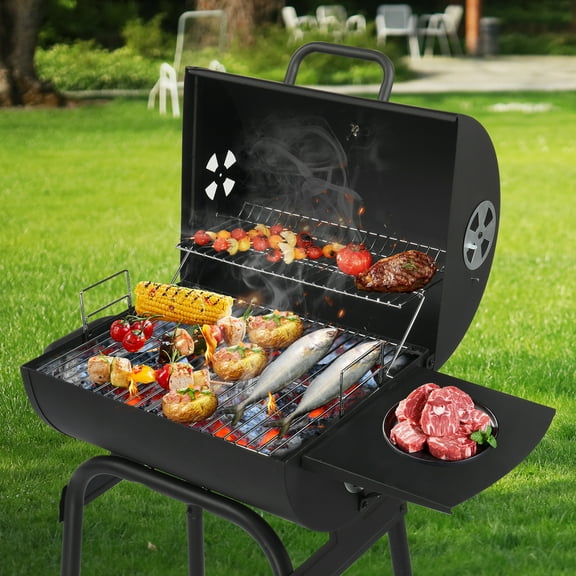 Charcoal Grills Outdoor BBQ Grill, Barrel Charcoal Grill with Side Table and Wheels, for Outdoor Backyard Camping Picnics Patio and Parties