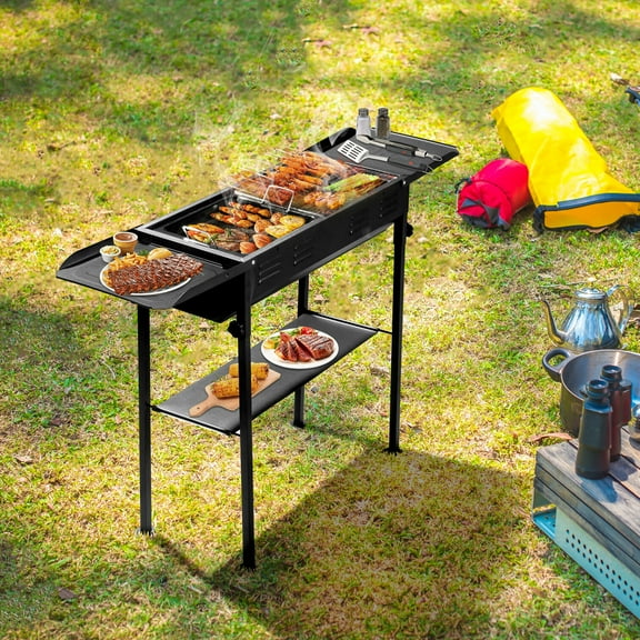 Charcoal Grills, Portable BBQ Griddle, Foldable Kabob Barbecue with Storage Shelf and Carry Bag for Outdoor Hibachi BBQ Lamb Skewer Camping Barbecue Grill in Garden Backyard Party Picnic Travel
