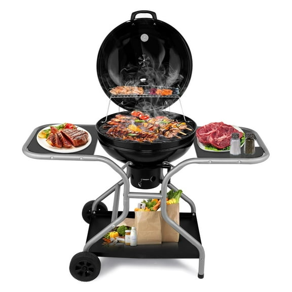 Charcoal Kettle Grill with 22-Inch Cooking Area and Air Vents, Portable BBQ Grill with Wheels, Thermometer, Outdoor Barbecue Grill for Camping, Backyard, Party, Black