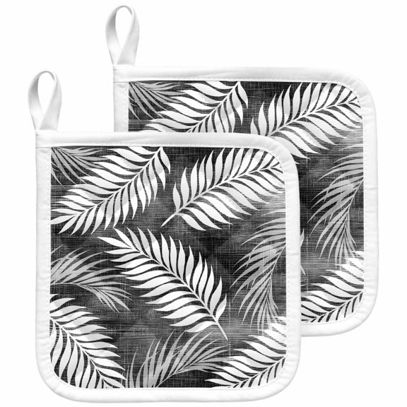 Charcoal Leaves Pot Holders for Kitchen Heatproof Potholder, 2 Pack Summer Coastal Botanical Plants Vintage Hot Pads Multipurpose Oven Pads Terry Cloth Potholders Trivet for Cooking and Baking