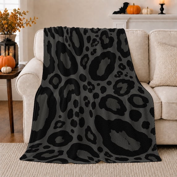 Charcoal Leopard Draped Beige Couch Pumpkins Fall Style, Festive Halloween Scene, Warm Flannel Blanket for Living Room and Reading Nook, Wildlife Lovers Halloween Gift, Festive Home Decor