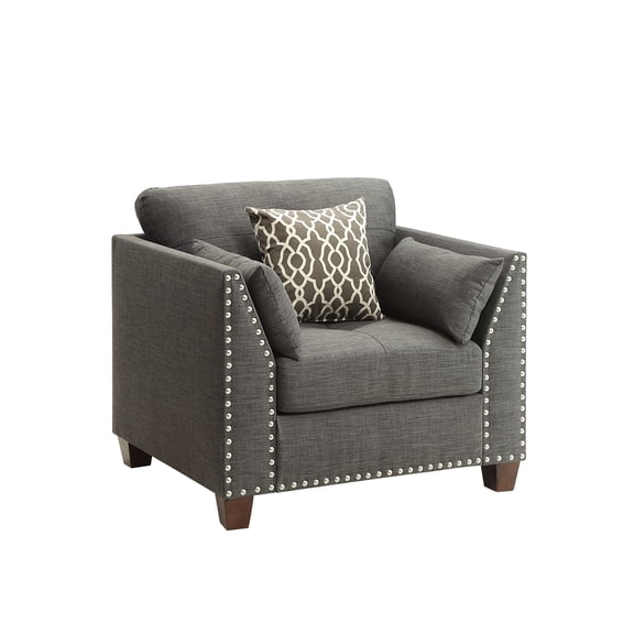 Charcoal Linen Armchair W/3 Pillows - Cushion, Nailhead Trimmed Base, Pocket Coil Seat, Wooden Block Legs Gray Arm Chair With 3 Back And Trim Accents, Wood Eucalyptus Frame, Foam Seat