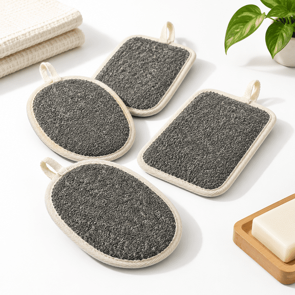 Charcoal Loofah Sponge, 4 Count Oval Gray Body Scrubber for Shower