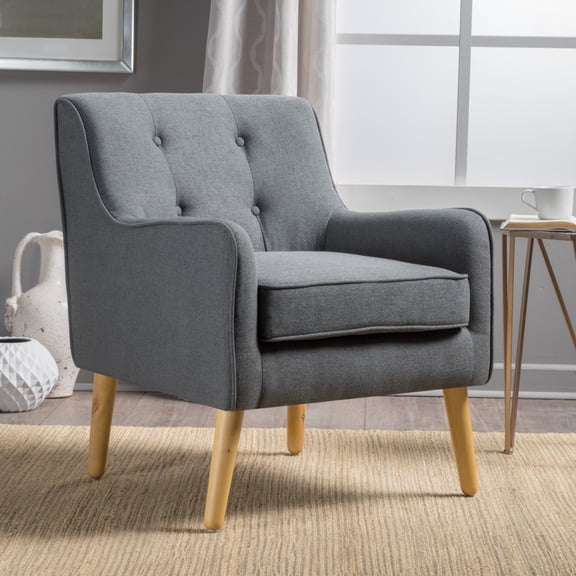 Charcoal Mid-Century Modern Arm Chair With Tufted Back And Retro Wooden Legs