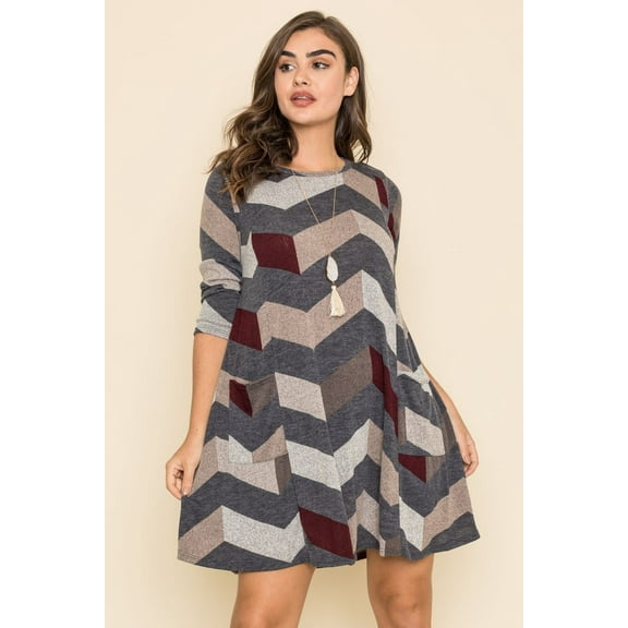 Charcoal Mocha Chevron A-Line Mini Dress | 3 Colors | S-3X