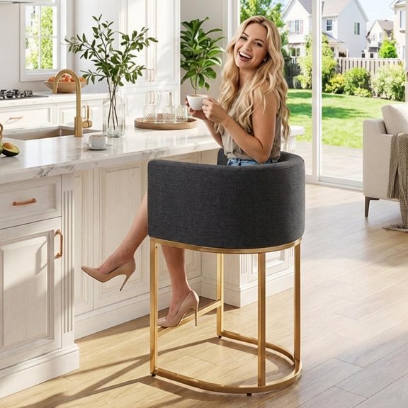 Charcoal Modern Barrel Counter Height Bar Stool, 24 Inch Linen Kitchen Barstool with Back for Island, with Gold Metal Tubular Frame