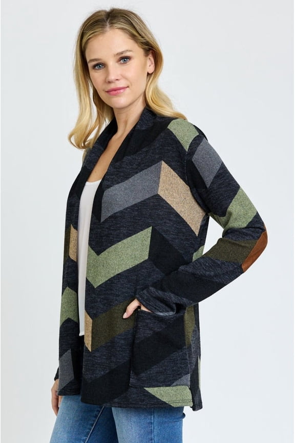 Charcoal Olive Chevron Elbow Patch Cardigan with Pockets | S-XL