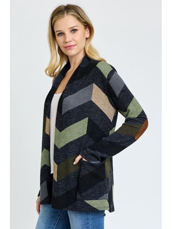 Charcoal Olive Chevron Elbow Patch Cardigan with Pockets | S-XL
