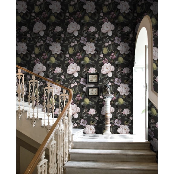 Charcoal Pear & Blossom Elegance Print Non Woven Non-Pasted Textured Wallpaper 57 Sq. Ft.