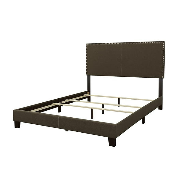Charcoal Queen Bed with Nailhead Trim - Upholstered Transitional Panel Bed Frame, Solid Wood Legs, Foam Filler, Chrome Accents for Bedroom - 64.25"W x 87"L - Polyester Fabric, Box Spring Required