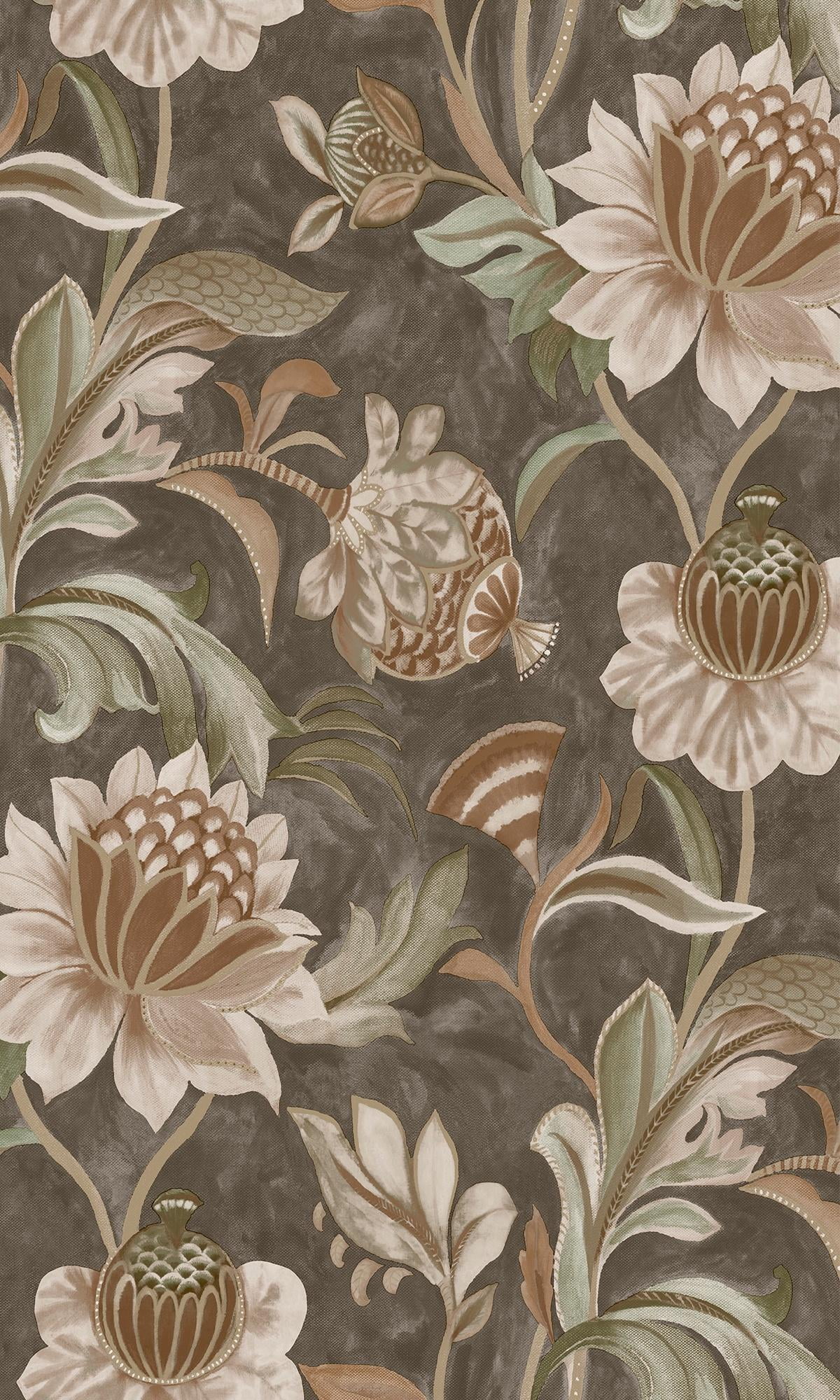Charcoal Rust Grey Jacobean Style Floral Wallpaper