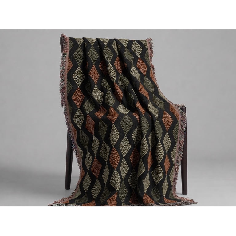 Charcoal Sage Terracotta Diamond Woven Throw Blanket, Cotton with ...