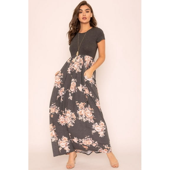 Charcoal Short Sleeve Floral Maxi Dress