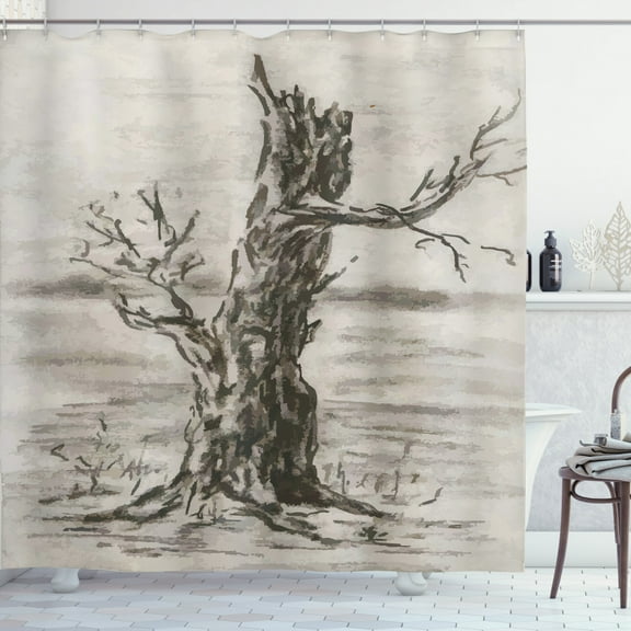 Charcoal Shower Curtain, Monochrome Tree Stem Silhouette with Branches, Fabric Bathroom Set with Hooks, 69W X 75L Inches Long, Taupe Grey Yellow, by Ambesonne