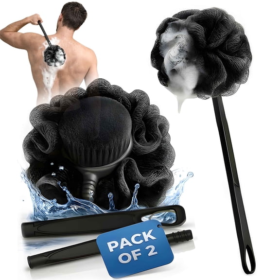 Loofah with Handle & Shower Brush, 2 Pack Charcoal Back Scrubber for Shower, Long Handle Exfoliating Body Brush Bath Loofah for Men & Women