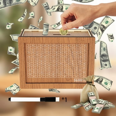 Money Saving Box 10000, Savings Challenge Box 10k, Wooden Money Save Box with Coins Cash, Reusable Kids' Money Saving with Dry Erase Pen