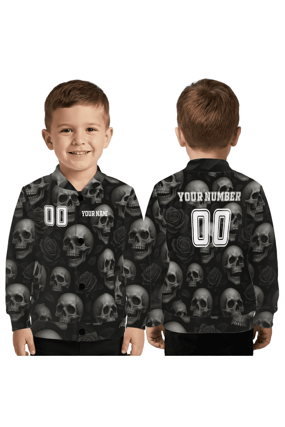 Charcoal Skull Jacket, Custom Name Number Gothic Skull Baseball Jacket, Dark Rose Skull Graphic Outerwear