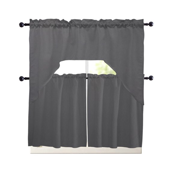 Charcoal Solid Color Kitchen Curtains Set for Windows 3 Piece Cafe Curtains 36 Inch Length Swag Curtains Valances and Tier Set Modern Minimalist Pure Color Drapes for Bedroom Bathroom Living Room